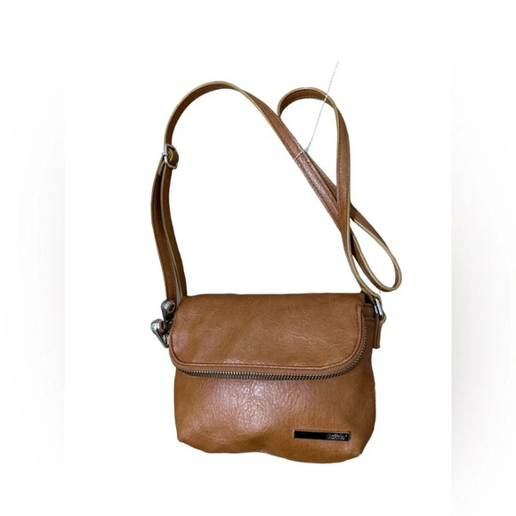Kenneth Cole Reaction Brown Leather Crossbody Bag Zipper close - Picture 1 of 8